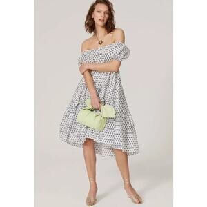 Caroline Consta Bardot Mini Flounce Dress Cap Sleeve Printed White Size XS